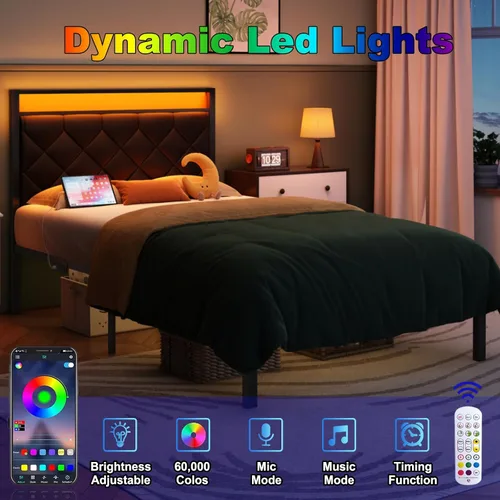 Vista 6 de Base de cama individual con estación de carga, luz LED y cabecera tapizada de piel sintética, base de cama de plataforma con almacenamiento debajo