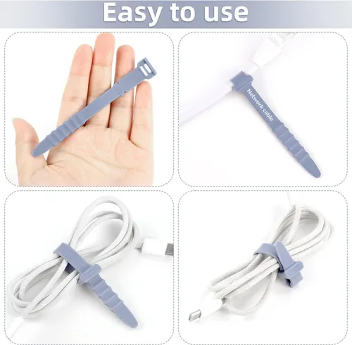 Vista 5 de 30 bridas de silicona para cables de goma de 4.5 pulgadas, reutilizables, organizador de cables elásticos para gestión de cables (gris)
