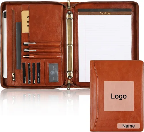 Vista 10 de Organizador de cartera de cuero genuino, carpeta de 3 anillos con bloc de notas, carpeta de cuero personalizada para hombres y mujeres