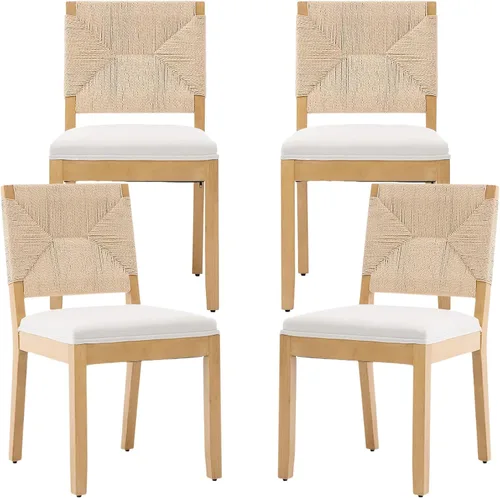 Vista 29 de ODUSE-DAILY Juego de 2 sillas de comedor French Country color beige, sillas de comedor de madera bohemia con respaldo tejido y asiento tapizado