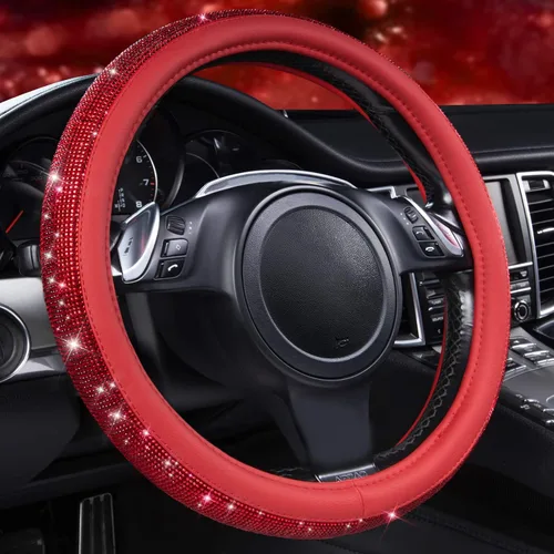 Vista 24 de CAR PASS Funda para volante de cuero beige con diamantes brillantes, cristales blancos brillantes con purpurina y pedrería, ajuste universal de 14