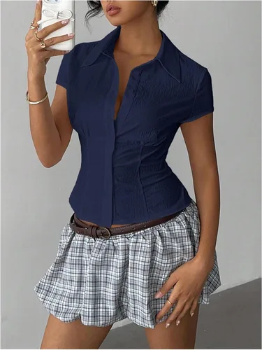 Vista 4 de SweatyRocks Camisas con botones para mujer, manga casquillo, blusa de trabajo elegante