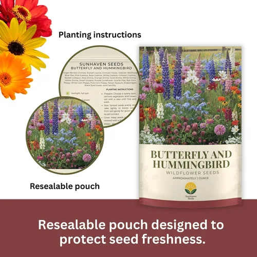 Vista 2 de Mix de semillas de flores silvestres para mariposas y colibríes – Más de 30.000 semillas – Paquete extra grande a granel resellable de 1 oz