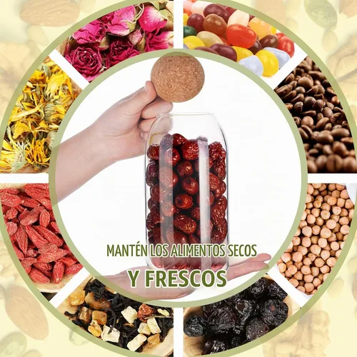 Vista 5 de Juego de 2 tarros de vidrio de 800 ml/27 oz con tapa de corcho y bola, contenedores de almacenamiento de alimentos