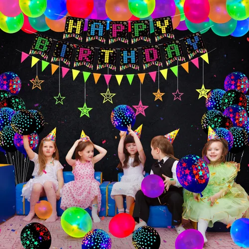 Vista 2 de 238 piezas de suministros de fiesta de neón que brillan en la oscuridad, decoraciones de fiesta de luz negra, juego de vajilla para fiesta, platos