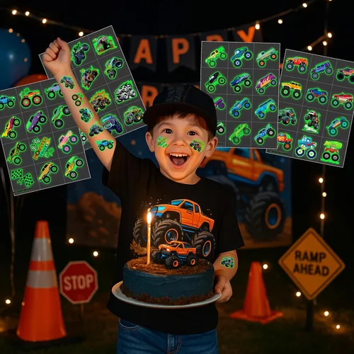 Vista 3 de 96 tatuajes temporales precortados de Monster Truck para niños, suministros para fiestas de cumpleaños, recuerdos y decoraciones súper lindos