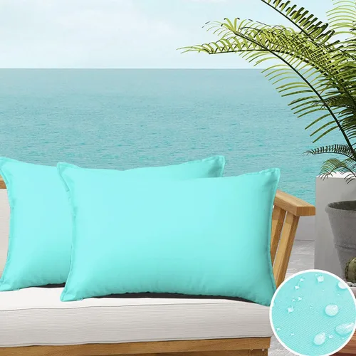 Vista 23 de 4 fundas de almohada impermeables de color azul claro para exteriores, fundas de almohada cuadradas modernas para patio, banco, muebles de patio 4