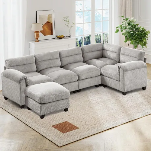 Vista 67 de HAOMARKETS Sofá esquinero modular en forma de L de 115 pulgadas con 2 otomanas móviles, sofás de pana de 8 plazas con cojín grueso para sala de Beige