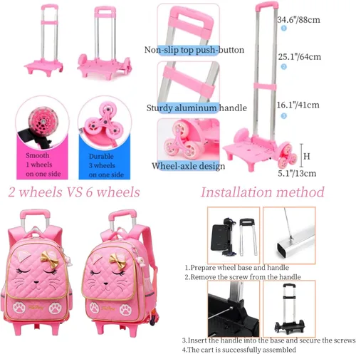 Vista 4 de Mochila con ruedas para niñas, mochila escolar, con estampado de cara de gato, equipaje de mano con ruedas, 2 Ruedas Negro, L, Estilo A -2 Ruedas