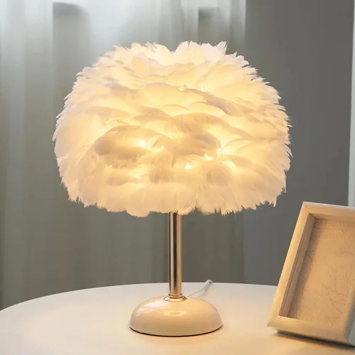 Vista 8 de Meefad Lámpara de noche de plumas, luz nocturna LED moderna con base de cerámica, lámpara de mesa rosa para dormitorio