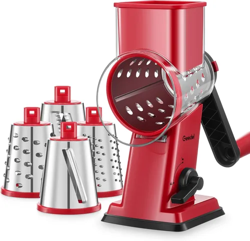 Vista 11 de Geedel Rallador rotativo de queso, triturador de verduras mejorado con 4 cuchillas intercambiables, triturador de queso fácil de limpiar con asa