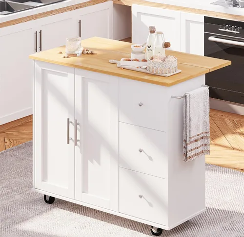 Vista 16 de SUNLEI Isla de Cocina con Carro de Almacenamiento, Carrito Rodante de Café Pequeño, Mesa de Corte de Madera, Microondas con 3 Cajones sobre Ruedas