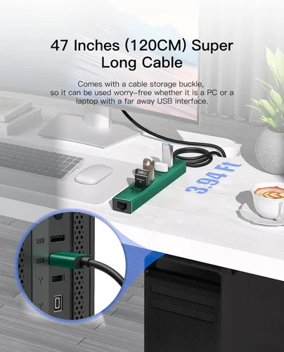 Vista 2 de Hub USB 3.0 de 7 puertos, USB a concentrador de red con cable de 3.9 pies de largo para laptop, divisor USB con puerto Gigabit Ethernet y puerto