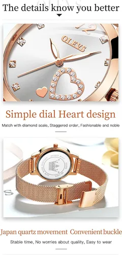 Vista 3 de OLEVS Relojes de pulsera clásicos de oro rosa para mujer, juego de regalos con pulsera con forma de corazón de diamante, reloj analógico de cuarzo