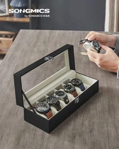 Vista 2 de SONGMICS Caja de reloj caja de reloj de 6 ranuras con tapa de cristal grande almohadas de reloj extraíbles organizador de caja de reloj regalo
