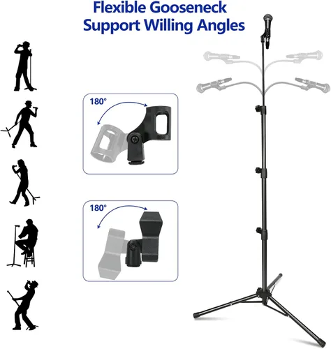 Vista 3 de Soporte para Micrófono, Soportes de Micrófono de Brazo Trípode con Cuello de Cisne, Soporte de Micrófono de Altura Ajustable de 24" a 67" con 2
