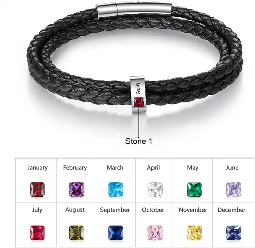 Vista 4 de kaululu Pulsera de cuero personalizada para hombres con piedras natales de 12345 cuentas de acero inoxidable grabadas con nombres personalizados