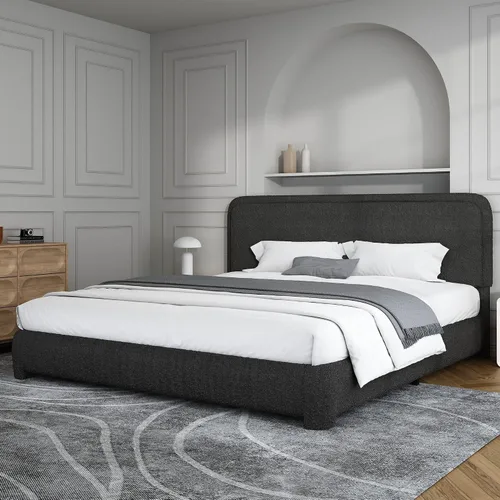 Vista 43 de BarnFurin Base de cama individual con cabecero, cama de plataforma tapizada Cloud Boucle, esquinas redondeadas suaves, no necesita somier, Beige