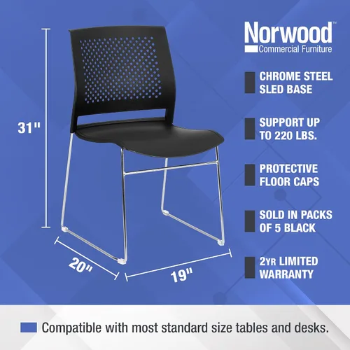 Vista 3 de Norwood Silla apilable de oficina con base de trineo cromado, con respaldo perforado (paquete de 5)