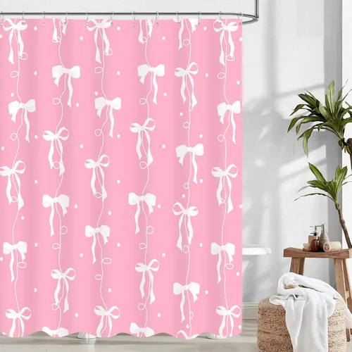 Vista 12 de Cortina de ducha con lazo negro, bonita cortina de ducha coqueta estética para adolescentes y niñas, decoración de tela impermeable con 12 ganchos
