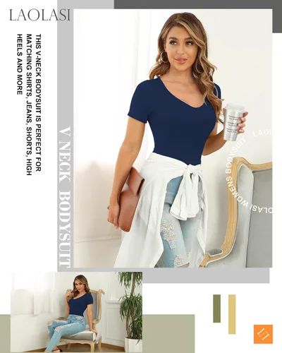 Vista 25 de LAOLASI Body con cuello en V para mujer, ajustado, casual, extensor