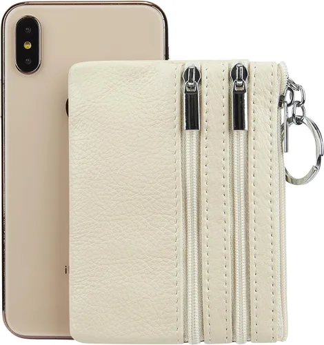Vista 5 de Porta Monedas de Cuero Genuino para Mujer de Cynure, Mini Monedero con Llavero Beige