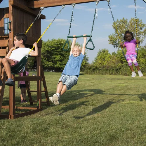 Vista 6 de Swing-N-Slide WS 8355 Castlebrook - Juego de columpios con dos toboganes, columpios y pared de escalada, madera