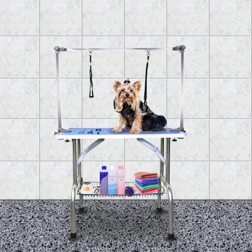 Vista 6 de Mesa profesional de aseo para perros y mascotas, ajustable, resistente, portátil, con brazo y lazo y bandeja de malla (42 pulgadas, azul)
