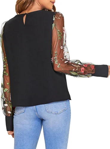 Vista 6 de Romwe Blusa casual holgada con mangas de obispo bordadas y bordadas para mujer