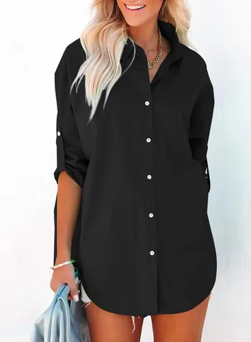 Vista 4 de Dokotoo Camisas casuales con botones para mujer, de manga larga, blusas tipo túnica de gran