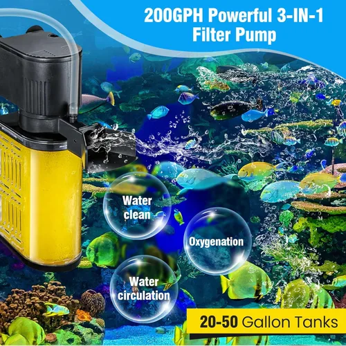 Vista 3 de Filtro de acuario para acuario de 20 a 50 galones, filtros ultrasilenciosos para pecera, filtración bioquímica de 200 GPH, potente bomba sumergible