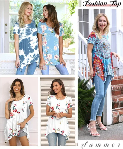 Vista 4 de BISHUIGE - Blusón de verano para mujer, de manga corta, con dobladillo irregular, holgada