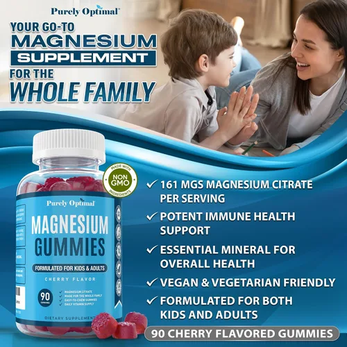 Vista 4 de Gomitas de magnesio prémium para niños y adultos, citrato de magnesio para apoyo digestivo, ayuda para dormir, alivio del estrés, calma, salud ósea