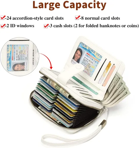 Vista 2 de GAEKEAO Leather Credit Card Holder Wallet for Women RFID Blocking Large Capacity Bifold Zipper Card Case Organizer with Wristlet 32 Slots