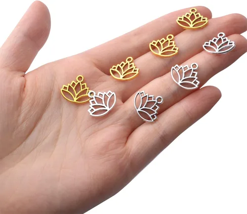 Vista 7 de 100 dijes de loto de aleación, para yoga, flor de loto, abalorios, suministros de manualidades para manualidades, collares, pulseras, joyería