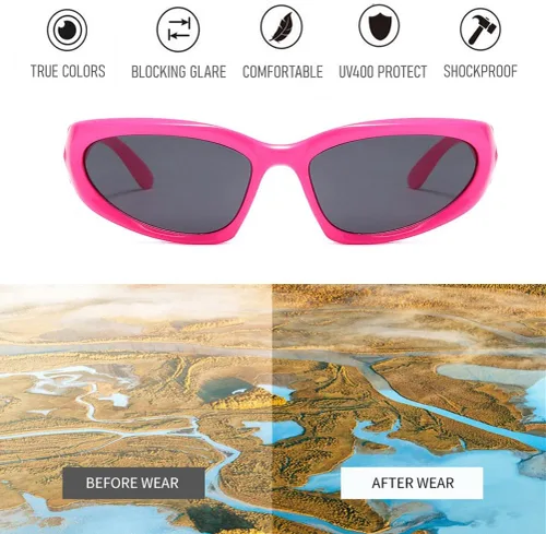 Vista 3 de BAWUYI Y2K - Gafas de sol envolventes para hombres y mujeres gafas cibernéticas deportivas motociclistas sombras protectoras marco rosa rosa lente
