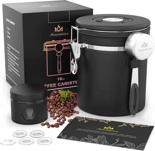 Vista 10 de Recipiente de café para café molido con Scoop Date Tracker, válvula de CO2 unidireccional, acero inoxidable 304, recipiente hermético