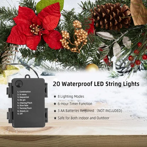 Vista 3 de Guirnalda de Navidad de 6 pies con luces, guirnalda artificial preiluminada de Navidad con conos de pino y flor de pascua, guirnalda de Navidad Oro