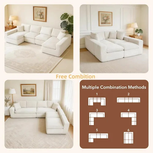 Vista 3 de THSUPER 130'' Oversized U Shaped Deep Seat Boneless Sectional Couch. Beige 6-Seat Plush Corduroy Cloud Sofa, No Assembly Required, 19" Extra-High