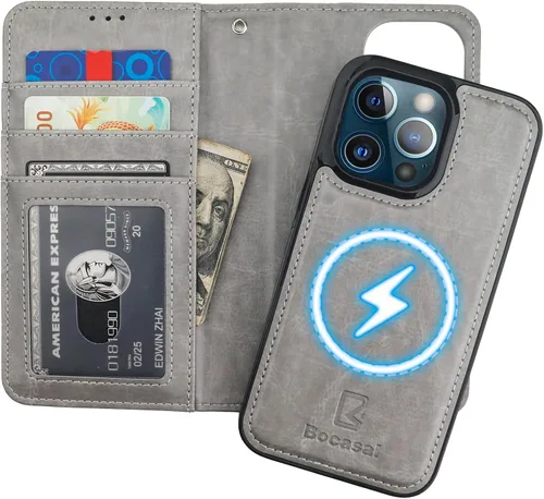 Vista 19 de Bocasal Funda tipo cartera desmontable para iPhone 13 Pro con bloqueo RFID, ranuras para tarjetas, soporte de cuero PU premium con soporte magnético