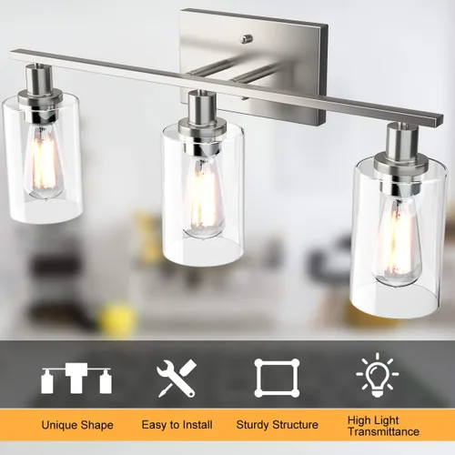 Vista 8 de Tangkula Lámparas de tocador de baño de 3 luces, apliques de pared modernos con pantalla de vidrio transparente con base E26, iluminación de pared