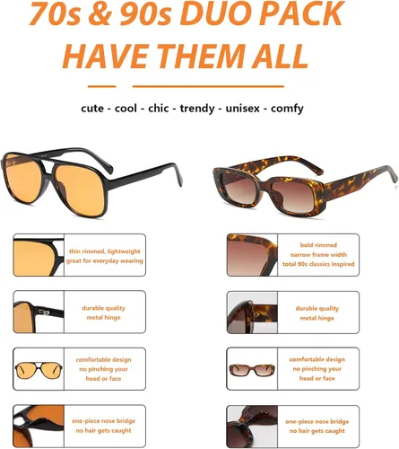 Vista 6 de Lentes de sol vintage retro de los años 70 para mujer y hombre, montura clásica, cuadrada y grande estilo aviador, lentes naranjas de moda UV400