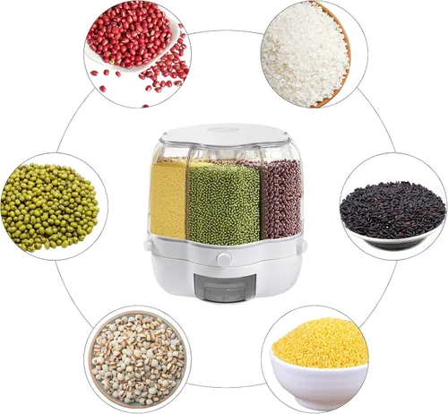 Vista 4 de Dispensador de arroz giratorio grande con 6 rejillas de almacenamiento de cereales, cubo de arroz blanco, contenedor de arroz integral con tapa