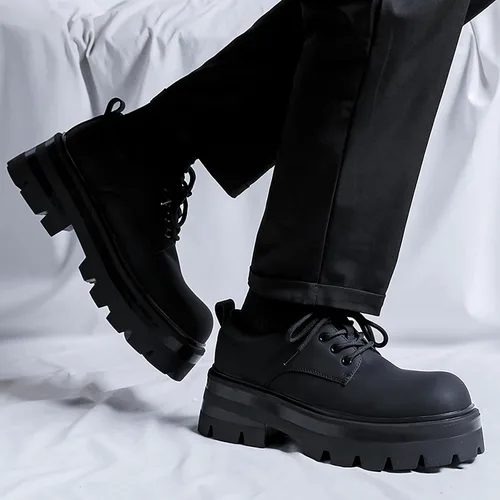 Vista 5 de Zapatos Oxford de plataforma de cuero para hombre, zapatos clásicos de vestir con cordones y punta redonda, cómodos, suela antideslizante, tacón