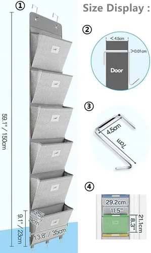 Vista 3 de Organizador de archivos sobre la puerta – 6 bolsillos extra grandes para colgar en la pared, soporte de archivos de almacenamiento para revistas