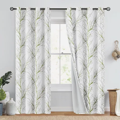 Vista 15 de FMFUNCTEX Cortinas 100% opacas para dormitorio, cortinas de ramas de árbol blanco y negro de 54 pulgadas de largo para sala de estar, cortinas