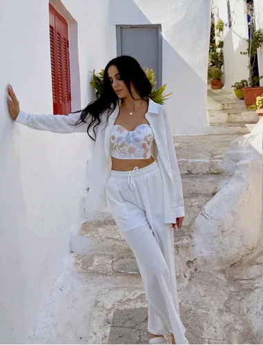 Vista 4 de Zeagoo Traje de lino para mujer, conjunto de dos piezas, camisa y pantalones de lino para verano