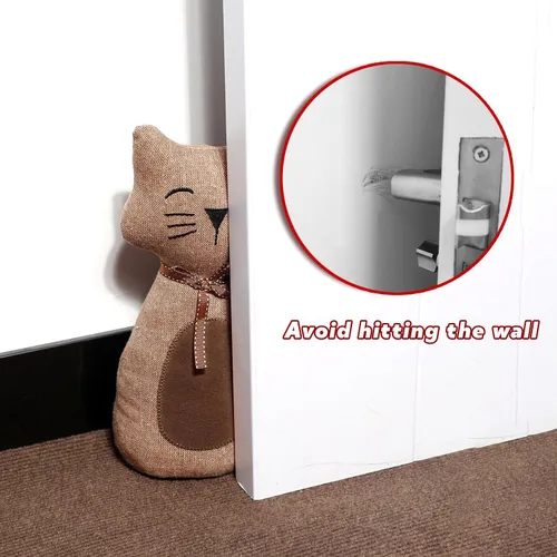 Vista 6 de Lindo tope de puerta decorativo para el hogar y la oficina, topes de puerta de piso, protectores de pared pesados de tela con peso animal, gato café