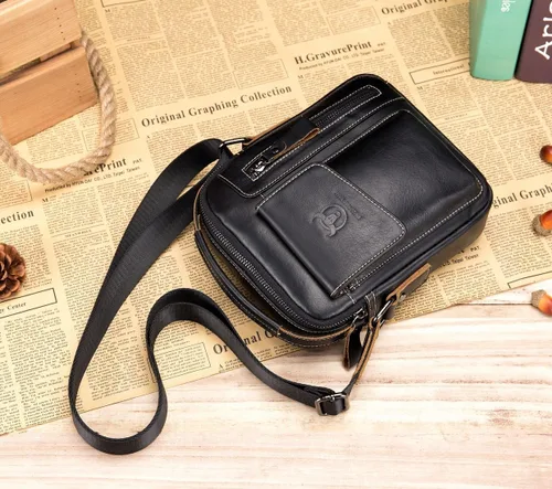Vista 7 de BULLCAPTAIN Bolso de hombro de cuero genuino para hombre, bolso de mensajero casual diario