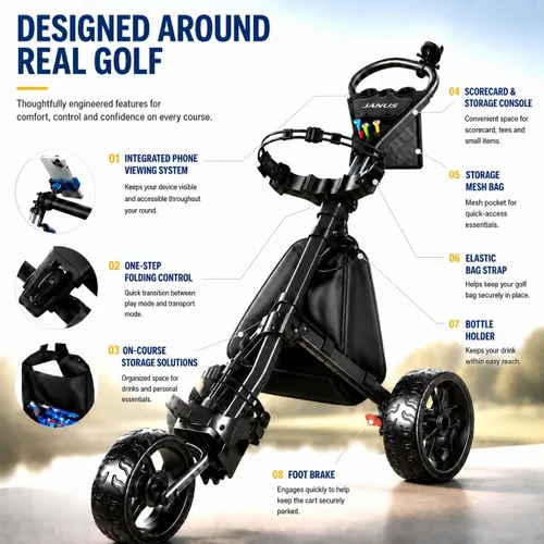 Vista 2 de JANUS Pace - Carrito de golf con soporte giratorio de 360°, carrito de golf plegable de 3 ruedas con plegado de un solo clic, ruedas anchas de EVA